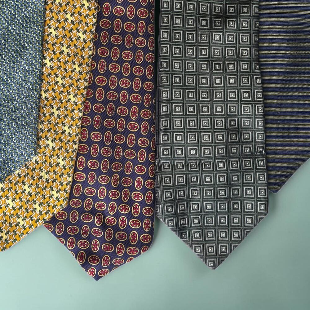 Lot 5 Brooks Brothers Silk Neckties Blue Gray Gold Geo Medallion Stripe 3.75" - Picture 6 of 9